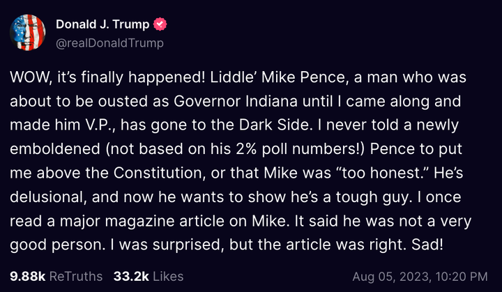 Trump's post on Truth Social about Mike Pence.