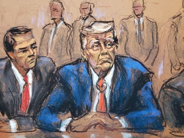 Former President Donald Trump sits next to his attorney Todd Blanche as he faces charges before Magistrate Judge Moxila A. Upadhyaya that he orchestrated a plot to try to overturn his 2020 election loss, at federal court in Washington, D.C., on Aug. 3, 2023, in a courtroom sketch.