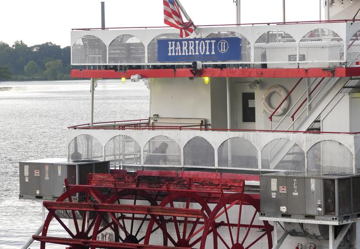 The Harriott riverboat remains docked Tuesday in Montgomery, Alabama. Three people have been charged in a fight Saturday on the floating dock that was captured on video by spectators.