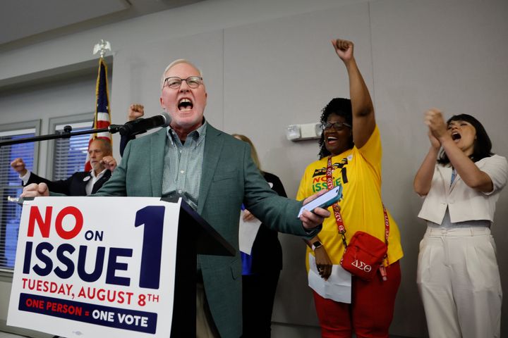 Dennis Willard, a spokesperson for One Person One Vote, celebrates the results of the election at a watch party Tuesday in Columbus. Ohio voters rejected a Republican-backed measure that would have required a 60% vote to change the state constitution just months before a scheduled vote on an amendment to codify abortion rights.