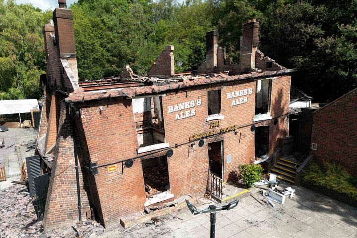 The burnt out remains of The Crooked House pub near Dudley.