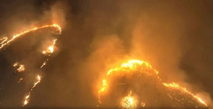 An aerial view of a wildfire in Kihei, Maui County, Hawaii.