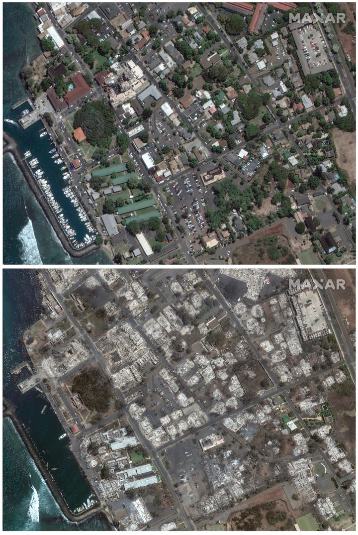This combination of satellite images provided by Maxar Technologies shows an overview of Banyan Court in Lahaina on Maui on June 25, 2023 (top) and an overview of the same area on Wednesday following the wildfire.