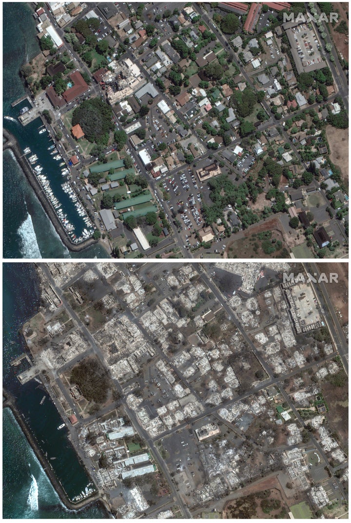 This combination of satellite images provided by Maxar Technologies shows an overview of Banyan Court in Lahaina on Maui on June 25, 2023 (top) and an overview of the same area on Wednesday following the wildfire.