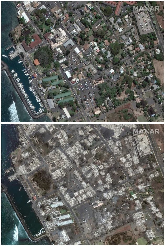（上）2023年6月25日のマウイ島ラハイナ・バニヤン・コート（下）火災後の同地域