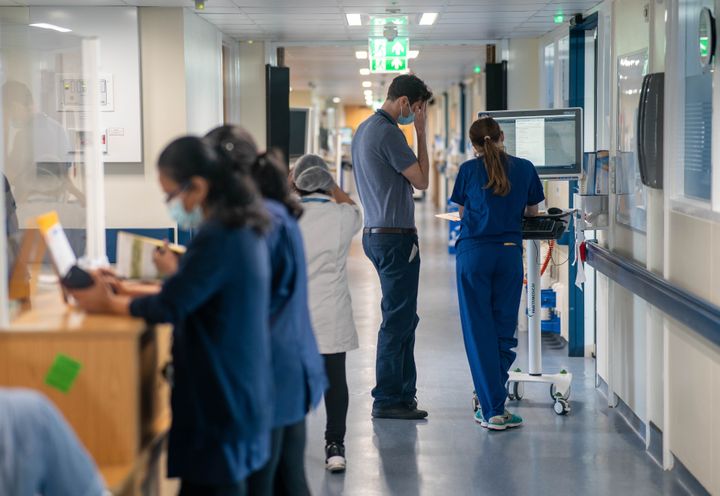 A general view of staff on a NHS hospital ward at Ealing Hospital in London. 