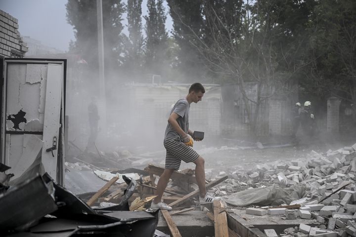 Debris removal efforts continue in area around the church which is damaged after an attack launched by Russian forces in Zaporizhzhia, Ukraine on August 10, 2023. 