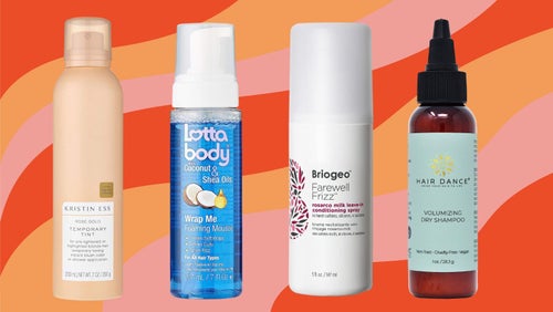 Kristen Ess temporary color tint, a coconut foaming curl mousse, Briogeo's leave-in conditioning spray and an all-natural dry shampoo. 