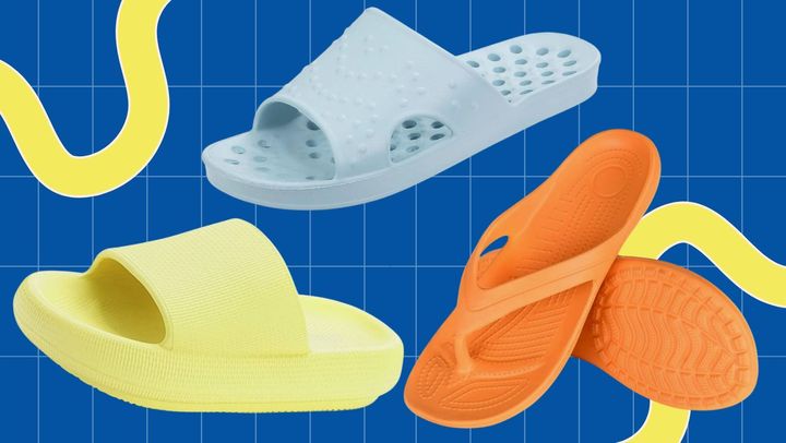 A pair of cushioned cloud slides, quick drying sandals and anti-slip flip flops.