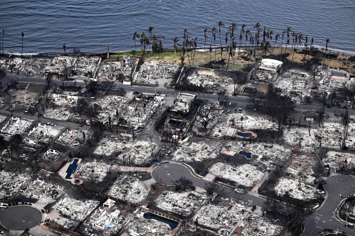 An aerial image taken Thursday shows destroyed homes and buildings in Lahaina in the aftermath of wildfires in western Maui, Hawaii.