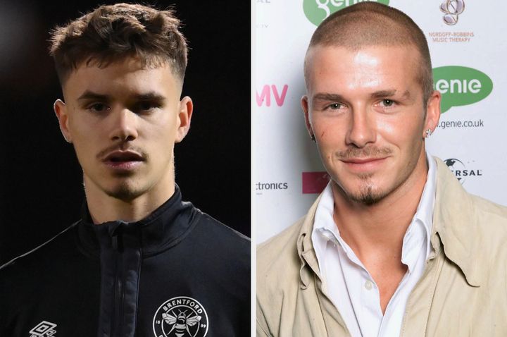 Romeo Beckham in 2022 and David Beckham in 2001