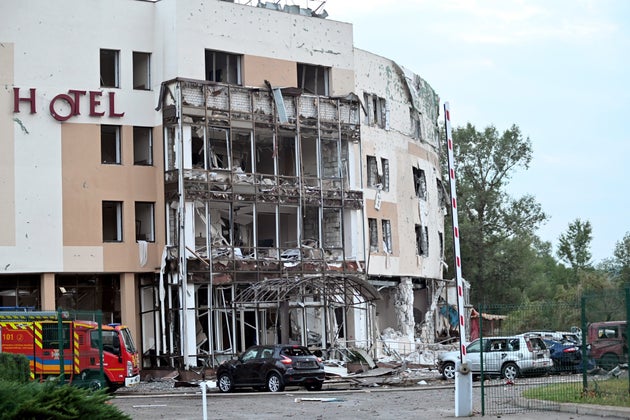 A hotel shows damage caused by a Russian missile attack on Zaporizhzhia, southeastern Ukraine. 