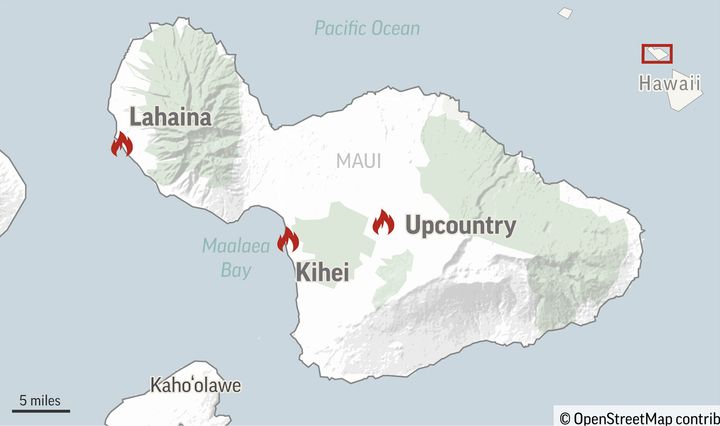Αυτός ο χάρτης δείχνει τη θέση των πυρκαγιών στο νησί Μάουι, Χαβάη, Πέμπτη, 10 Αυγούστου 2023. Αρκετές χιλιάδες κάτοικοι της Χαβάης έτρεξαν για να ξεφύγουν από τα σπίτια τους στο Μάουι καθώς η πυρκαγιά σάρωσε το νησί, σκοτώνοντας πολλούς ανθρώπους και κατακαίγοντας τμήματα μίας αιωνόβιας πόλης. (AP Photo)