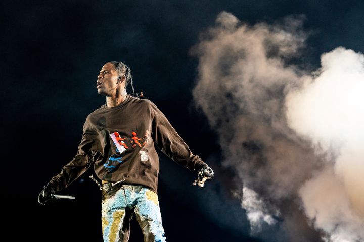 Travis Scott is seen at the Astroworld Music Festival in Houston in 2021. His performance there led to a crowd surge that resulted in 10 deaths.