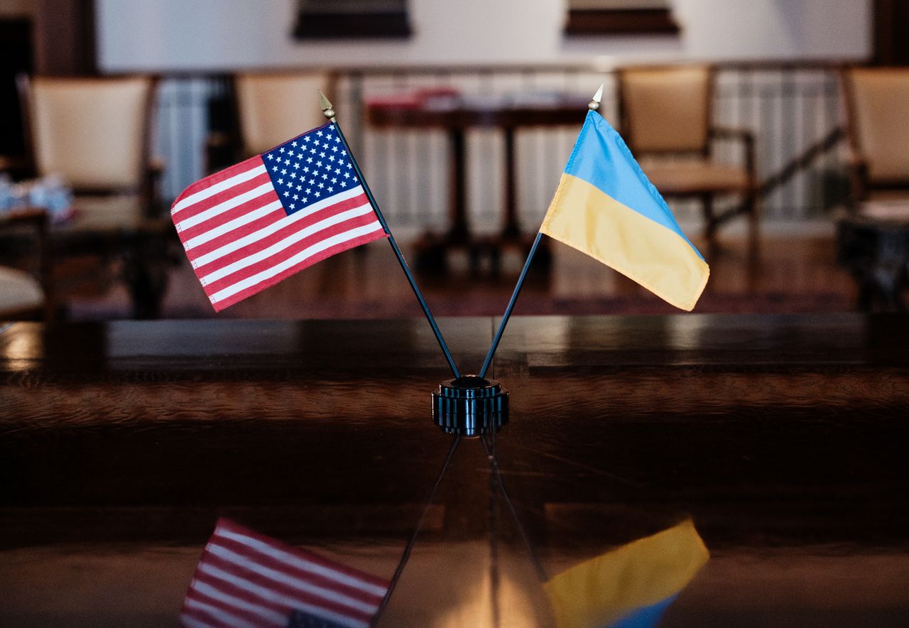 U.S. and Ukrainian flags are seen in the office of Oksana Markarova in Washington, D.C., on Aug. 9.