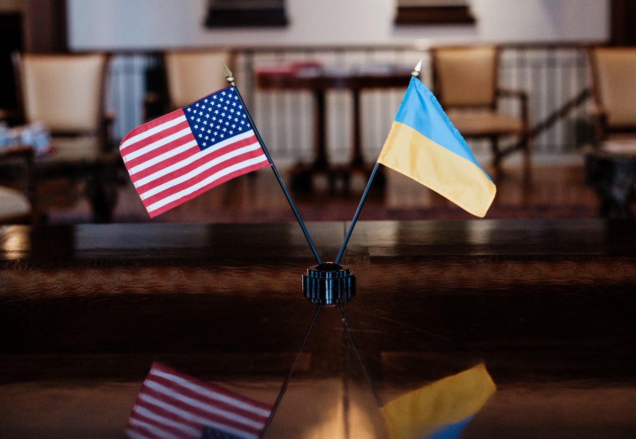 U.S. and Ukrainian flags are seen in the office of Oksana Markarova in Washington, D.C., on Aug. 9.