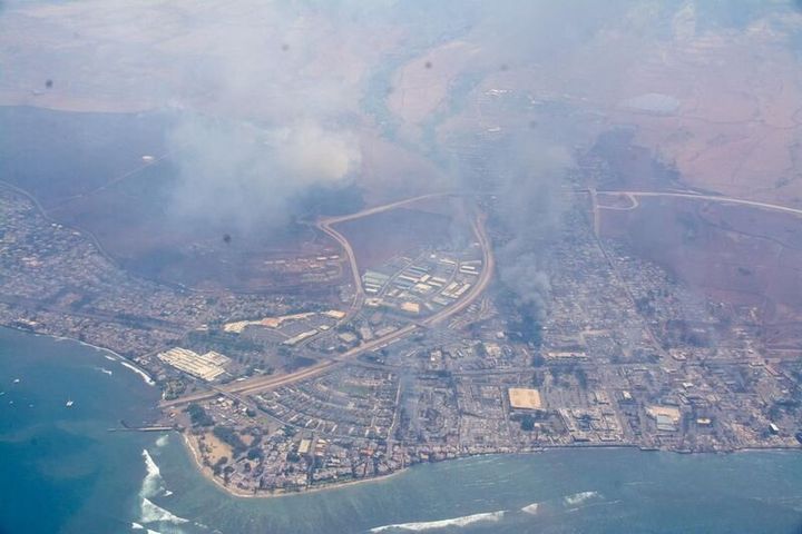 An aerial view shows smoke as wildfires ravage the island in Maui, Hawaii.
