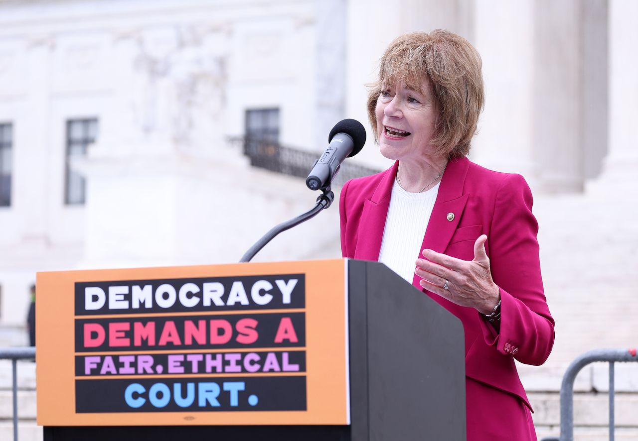 Smith speaks at a June 22 event organized by Demand Justice, urging structural changes to the Supreme Court. She has fast become a leader in progressives' fight for court expansion.