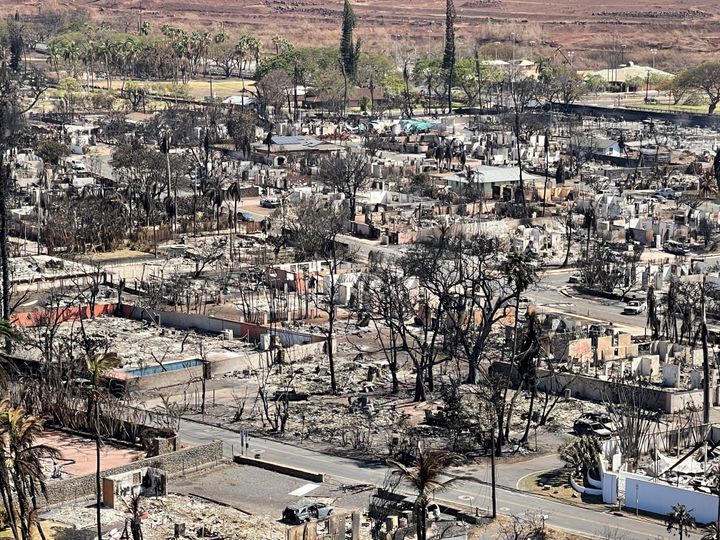 This photo provided by the Hawaii Department of Land and Natural Resources shows burnt areas in Lahaina on the Maui island, Hawaii, Friday, Aug. 11, 2023, following a wildfire. (Hawaii Department of Land and Natural Resources via AP)
