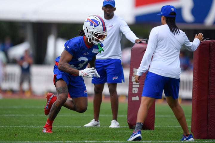 Buffalo Bills safety Damar Hamlin runs a drill during practice at the NFL football team's training camp last month.