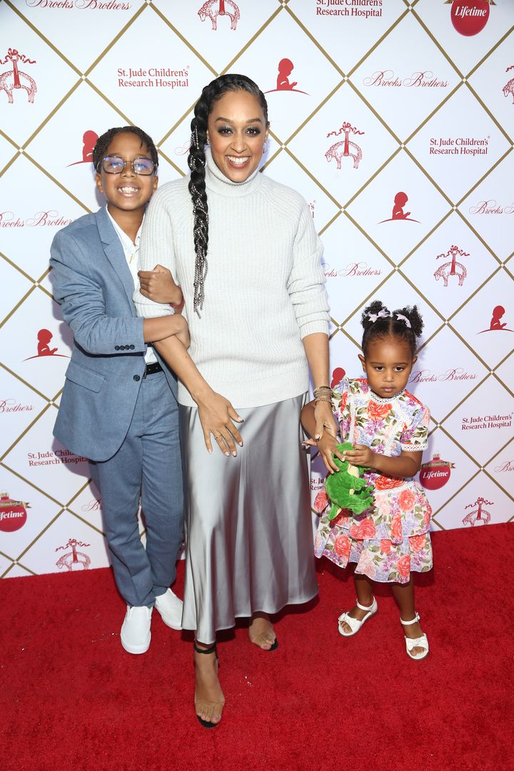 Tia Mowry and her children, Cree and Cairo, are photographed on Dec. 11, 2021, in Beverly Hills, California.