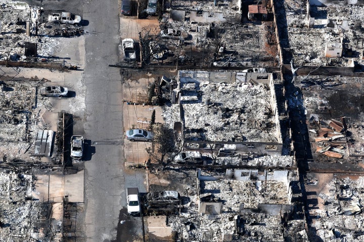 Lahaina, Maui, Thursday, August 11, 2023 - Blocks of homes have been turned to ash and rubble from Tuesday's wildfire. (Robert Gauthier/Los Angeles Times via Getty Images)