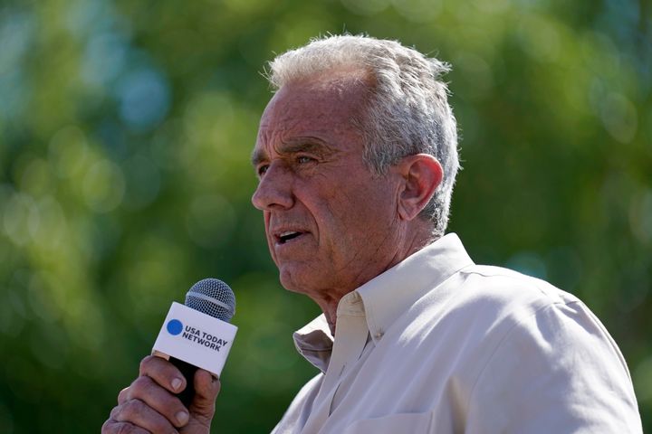 Democratic presidential candidate Robert F. Kennedy Jr. speaks during The Des Moines Register Political Soapbox at the Iowa State Fair on Aug. 12 in Des Moines. 