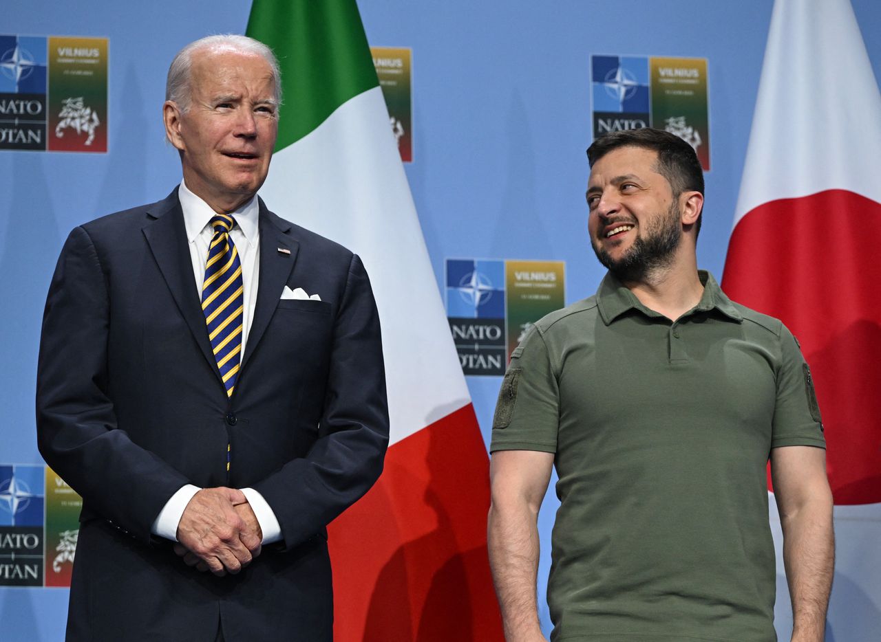 President Joe Biden and Ukrainian President Volodymyr Zelenskyy at a July 12 event with G7 leaders to announce a declaration of support for Ukraine at the NATO Summit in Vilnius, Lithuania