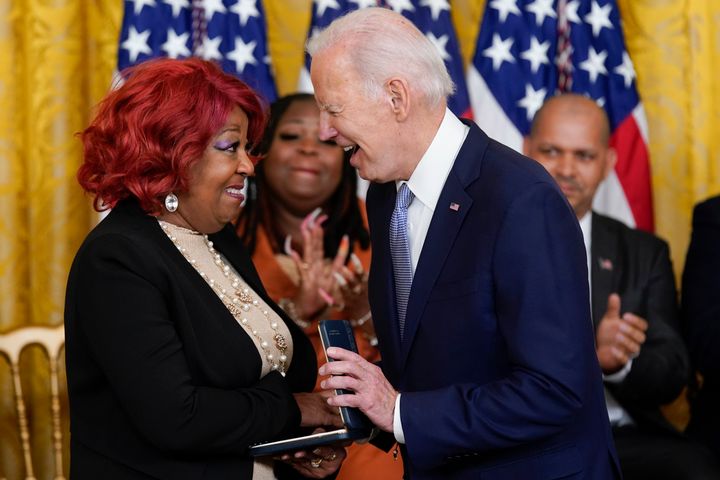 President Joe Biden awards the Presidential Citizens Medal, the nation's second-highest civilian honor, to Ruby Freeman.