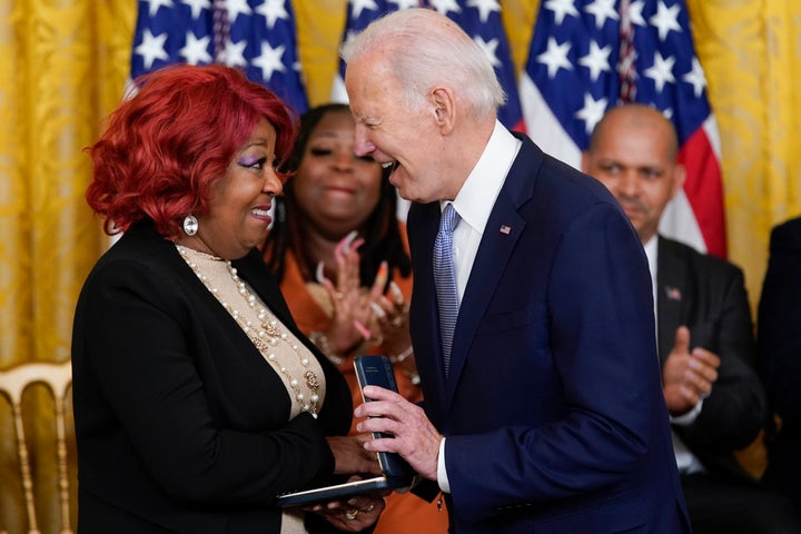 President Joe Biden awards the Presidential Citizens Medal, the nation's second-highest civilian honor, to Ruby Freeman.