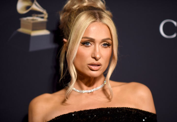 Paris Hilton arrives at the Pre-Grammy Gala on Saturday, Feb. 4, 2023.