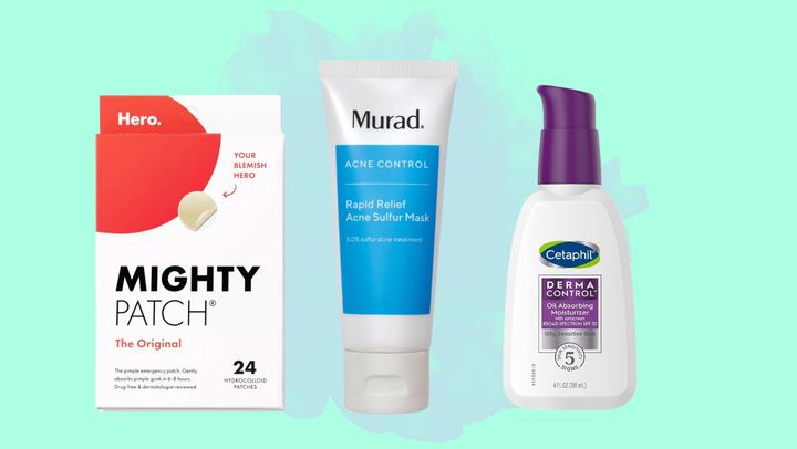 Mighty Patch The Original pimple patches, Murad Acne Control mask and Cetaphil Derma Control moisturizer.
