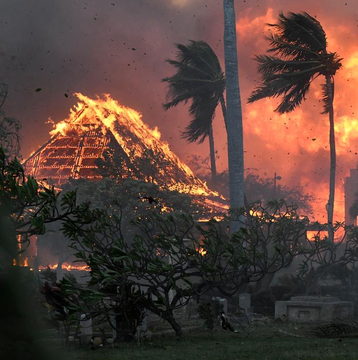 The hall of the historic Waiola Church and the nearby Lahaina Hongwanji Mission are engulfed in flames in Lahaina, Hawaii, on Aug. 8.
