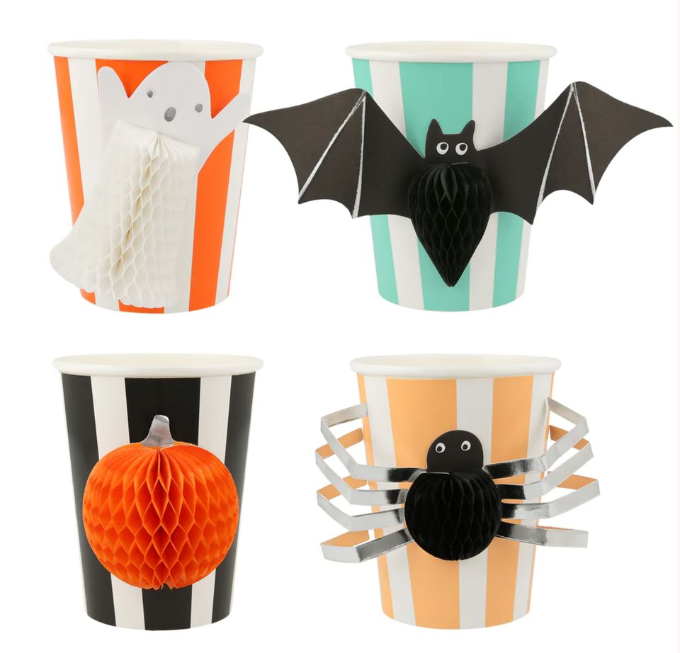 Halloween Cauldron Coffee Mug Set Of 2. Spider Web And Bat. Stripes, Dots.  New.