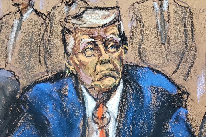 In a courtroom sketch, former President Donald Trump is shown on Aug. 3 appearing before Magistrate Judge Moxila Upadhyaya in federal court in Washington, D.C., to face charges that he orchestrated a plot to try to overturn his 2020 election loss.