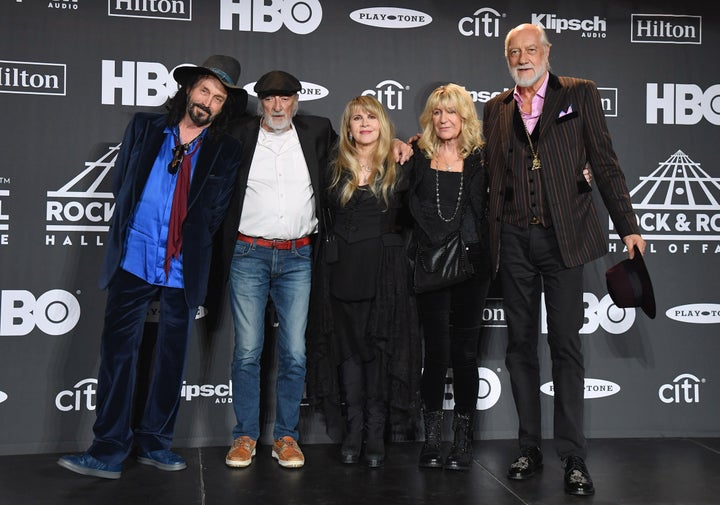 Mike Campbell, John McVie, inductee Stevie Nicks, Christine McVie and Mick Fleetwood of Fleetwood Mac pose in the press room during the 2019 Rock & Roll Hall of Fame induction ceremony.