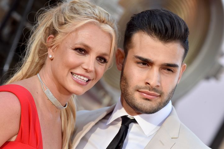 Britney Spears and Sam Asghari attend the premiere of "Once Upon a Time... in Hollywood" on July 22, 2019.