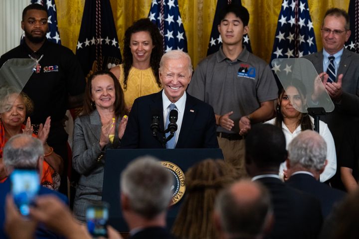 President Joe Biden speaks during an event to mark the anniversary of the Inflation Reduction Act in the East Room of the White House on Aug. 16.