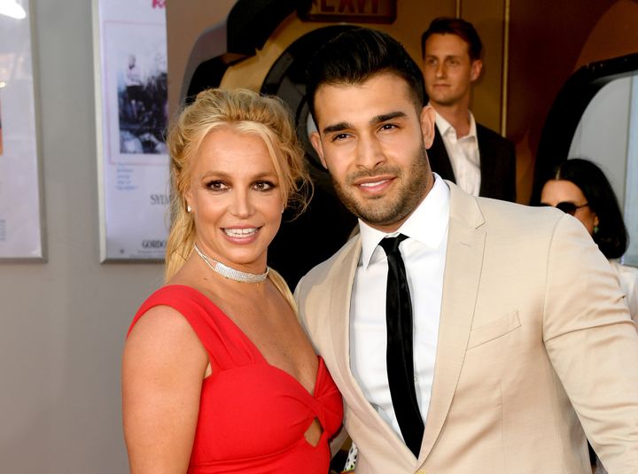 Britney Spears and Sam Asghari at the premiere of Upon A Time...In Hollywood in 2019