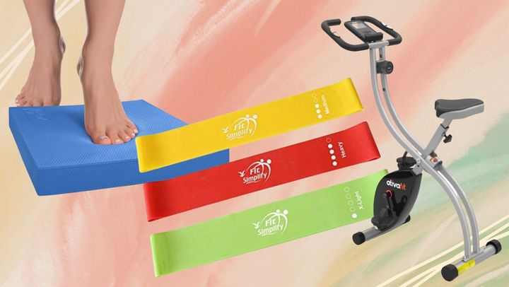 A foam standing pad, a set of resistance bands and a compact foldable bike. 