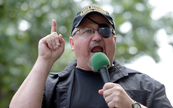 FILE - Stewart Rhodes, founder of the Oath Keepers, speaks during a rally outside the White House in Washington, June 25, 2017. Rhodes has been sentenced to 18 years in prison for seditious conspiracy in the Jan. 6, 2021, attack on the U.S. Capitol. (AP Photo/Susan Walsh, File)