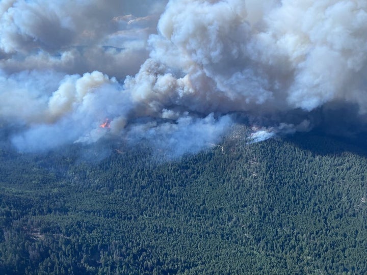 An aerial view of McDougall Creek wildfire located approximately 10 kilometers northwest of West Kelowna, British Columbia, Canada on August 17, 2023.