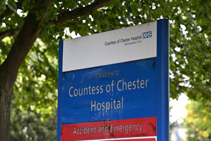 A general view of the sign for the Countess of Chester Hospital, where former nurse Lucy Letby was employed, in Chester, northern England on July 13, 2023.
