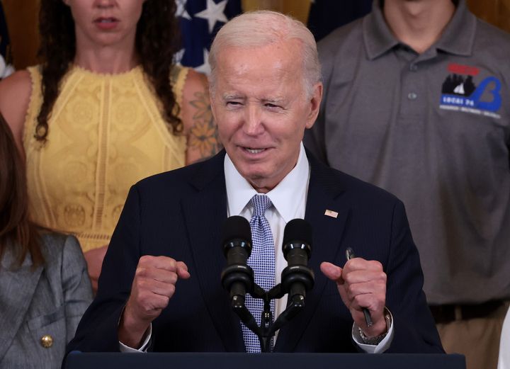 U.S. President Joe Biden delivers remarks on the first anniversary of the Inflation Reduction Act on Wednesday, Aug. 16, in Washington, D.C.