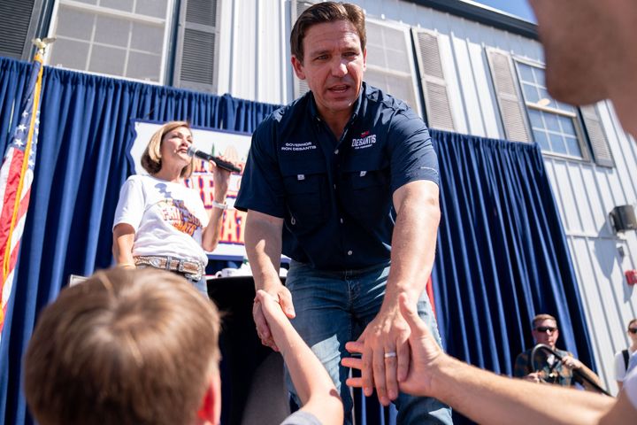 Florida Republican Gov. Ron DeSantis, seen here campaigning in Iowa for the 2024 presidential nomination, made his war on "woke ideology" the foundation of his candidacy. His poll numbers have been plummeting.