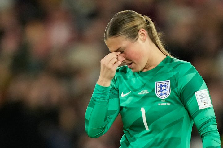 England's goalkeeper Mary Earps reacts after the final of Women's World Cup soccer between Spain and England at Stadium Australia in Sydney, Australia, Sunday, Aug. 20, 2023.