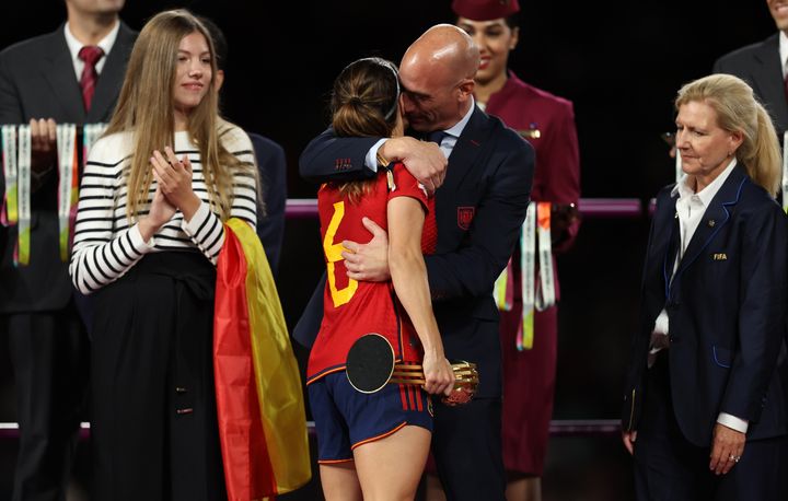 Rubiales greets player Aitana Bonmati of Spain during the medal ceremony. The Spanish soccer exec kissed several players on their cheeks.