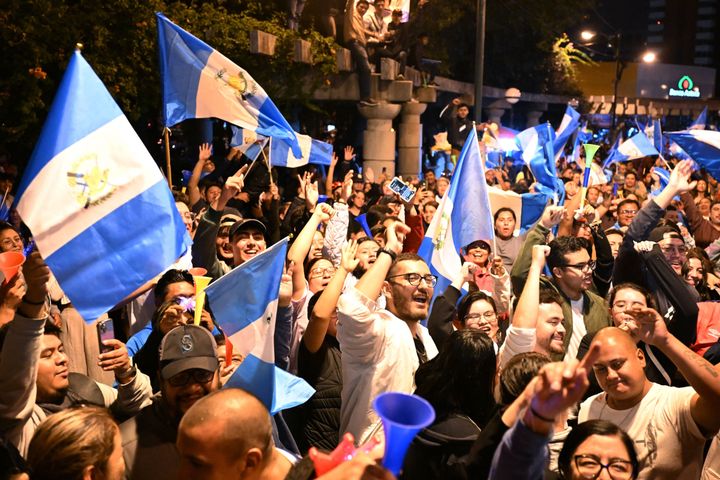 Supporters of Guatemalan presidential candidate for the Semilla party, Bernardo Arevalo, celebrate the results of the presidential run-off election in Guatemala City, on Aug. 20, 2023. 