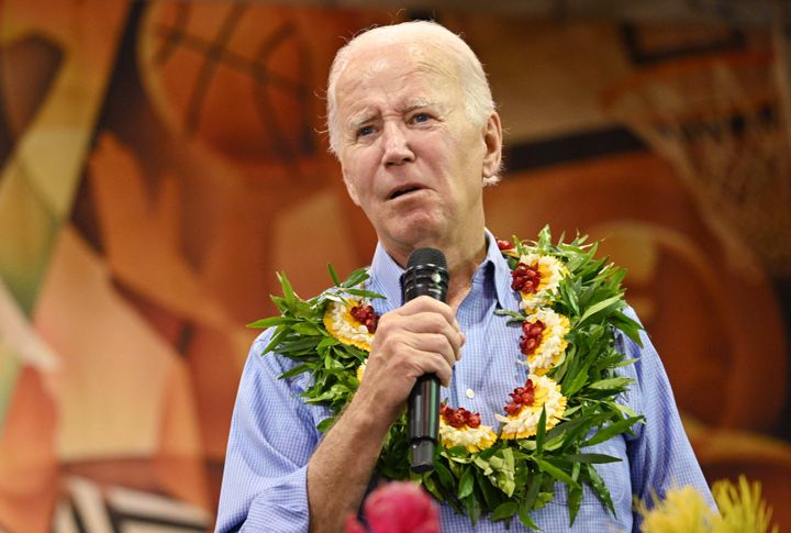 Biden speaks at a community engagement event at the Lahaina Civic Center in Hawaii on Monday.  He told residents the city will be 
