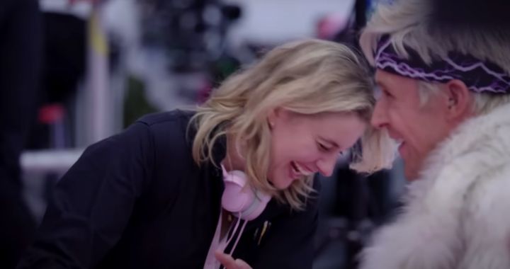 Greta Gerwig and Ryan Gosling share a laugh on the set of Barbie